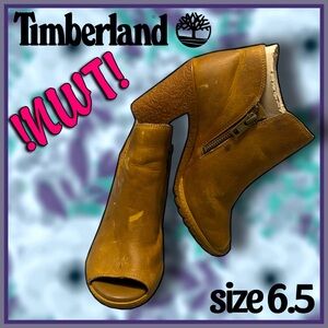 TIMBERLAND chunky heel peep toe distressed tan leather BOOTIES size 6.5